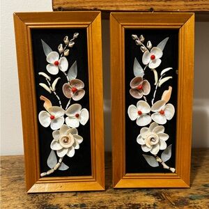 Floral Shell Art in an Oak Color Frame